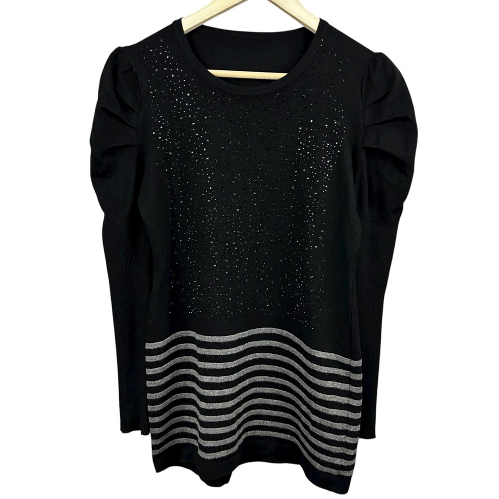 Puff Sleeve Sweater with Striped and Rhinestone Detail Size Small